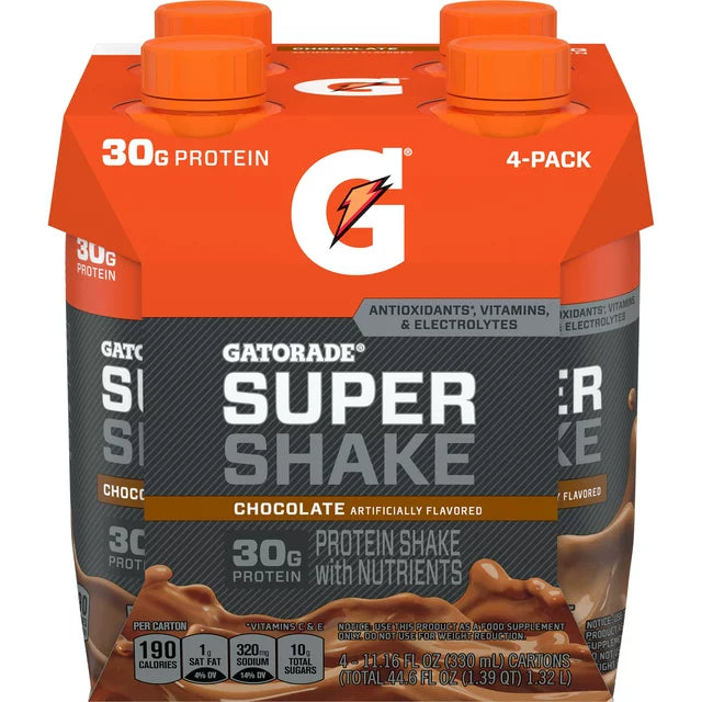Gatorade Super Shake Protein Shake with Nutrients, Chocolate, 11.16 fl oz, 4 Count